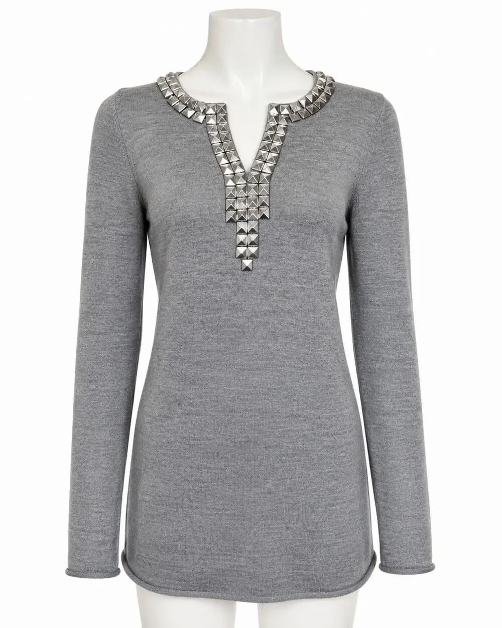 Tory Burch Gray 100% Merino Wool Studded Tunic Sweater Women’s Small S